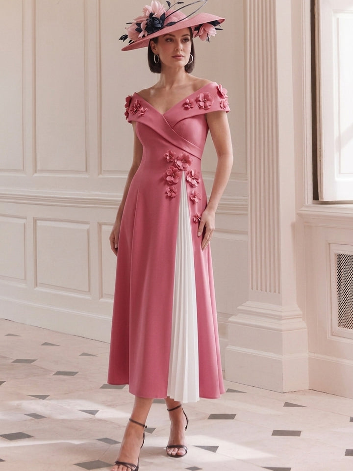 Robe Ligne A/Princesse, Hors de l'Épaule, pour mère de la mariée, longueur du Thé, Sans Manches