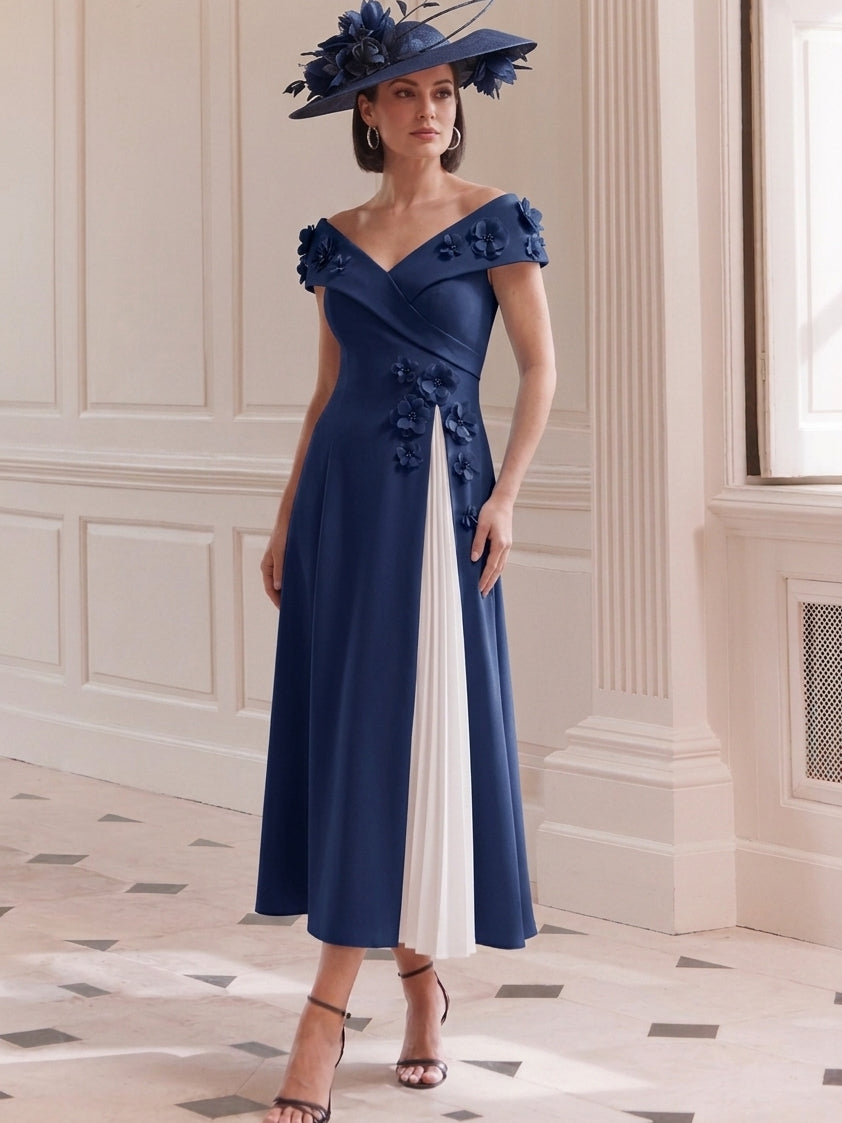 Robe Ligne A/Princesse, Hors de l'Épaule, pour mère de la mariée, longueur du Thé, Sans Manches