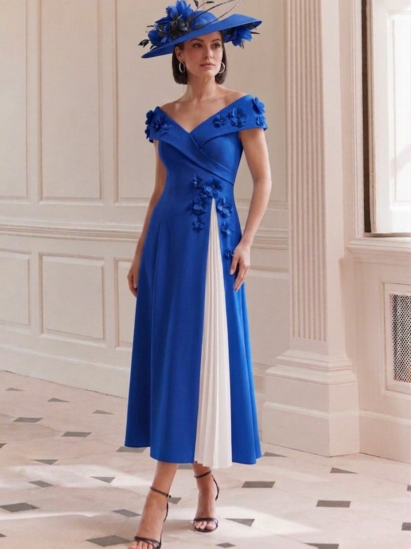 Robe Ligne A/Princesse, Hors de l'Épaule, pour mère de la mariée, longueur du Thé, Sans Manches