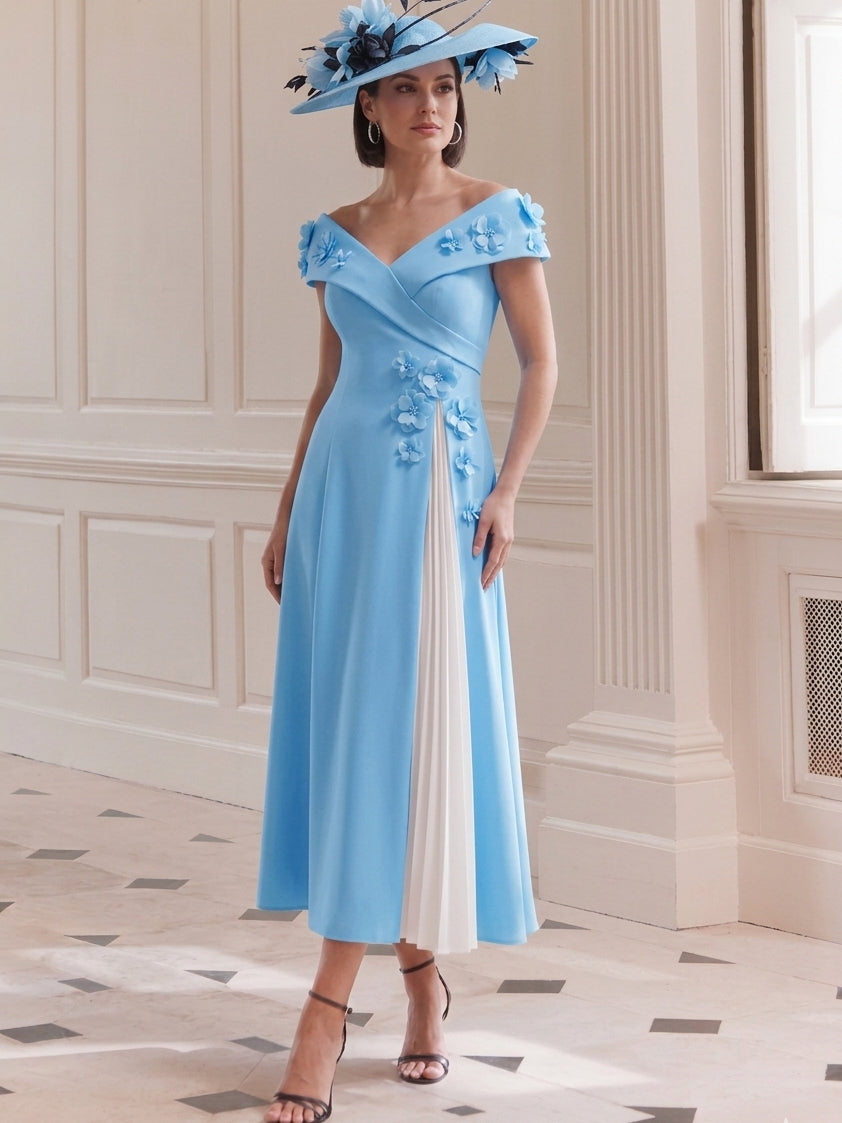 Robe Ligne A/Princesse, Hors de l'Épaule, pour mère de la mariée, longueur du Thé, Sans Manches