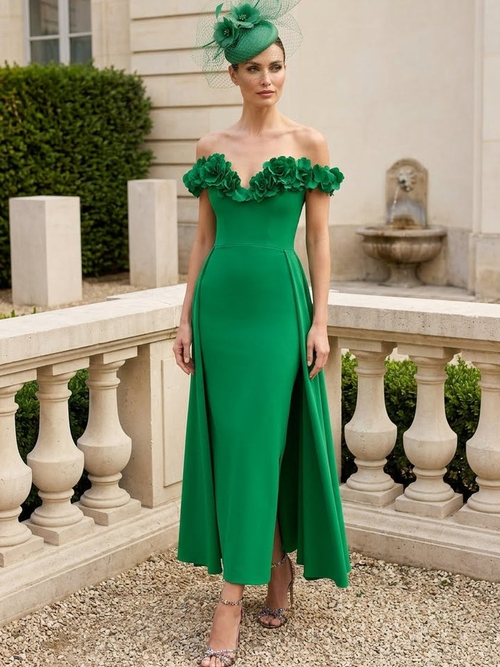 Robe Gaine/Colonne, Hors de l'Épaule, Satin extensible, pour mère de la mariée, longueur de la cheville,Sans manches,Avec 3D Fleurs