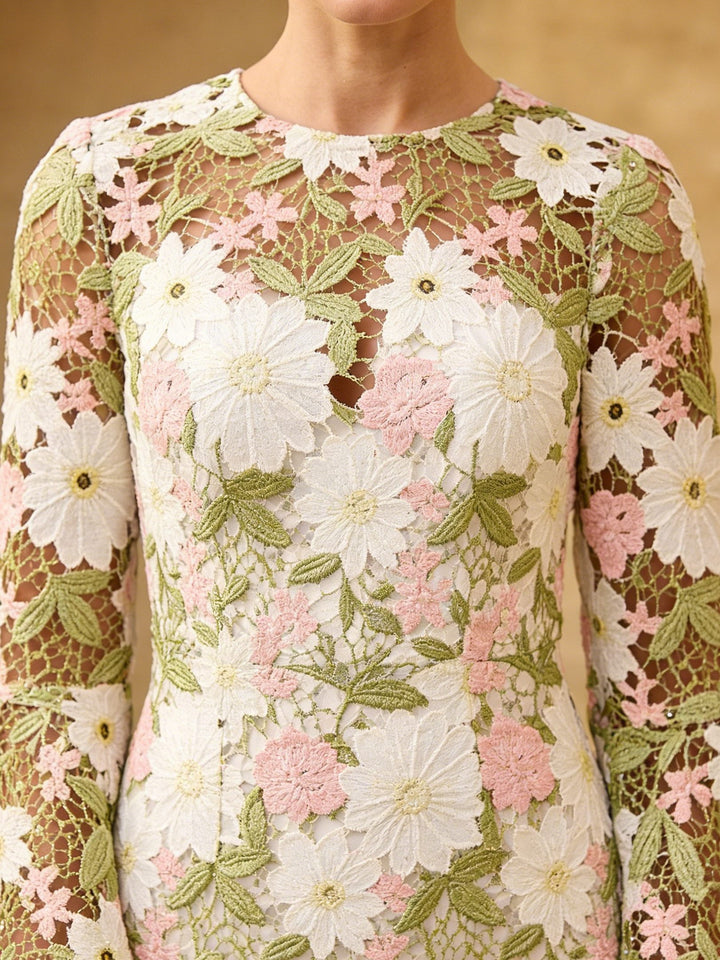 Robe Gaine/Colonne, Col Rond, pour mère de la mariée, Longueur du thé, Manches Longues,Dentelle