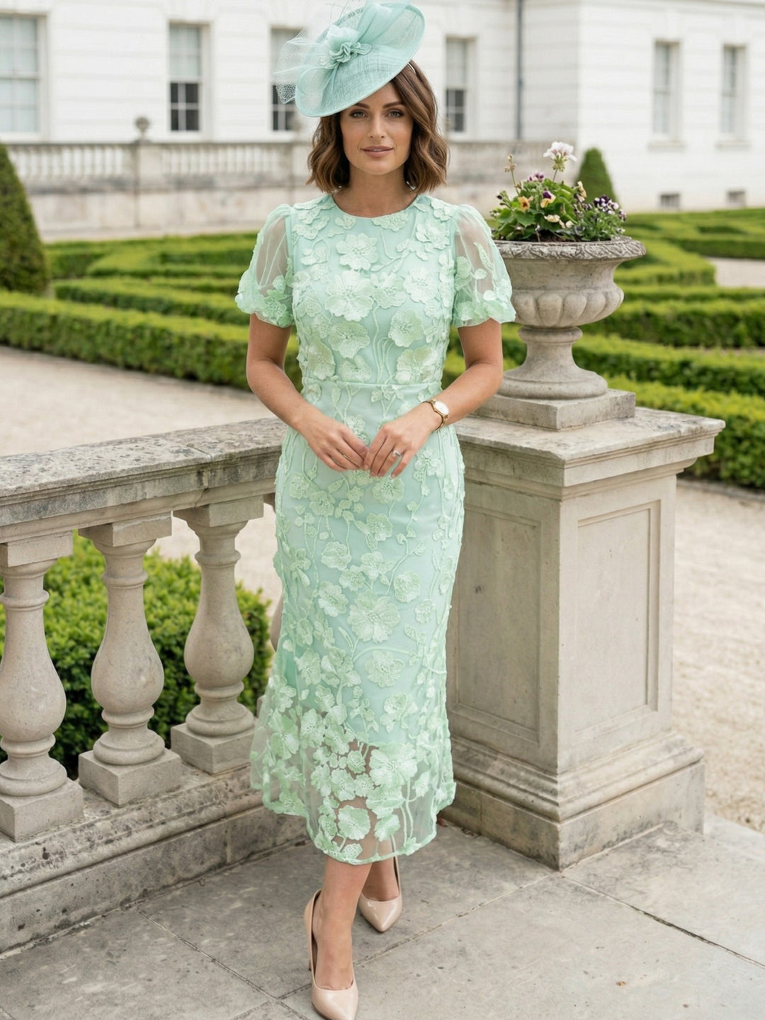 Robe Gaine/Colonne, Col Rond, pour mère de la mariée, longueur de thé, Manches Courtes
