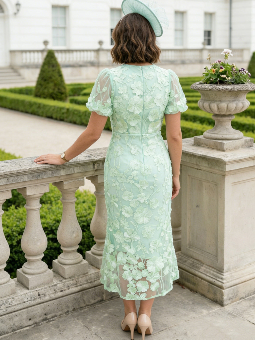 Robe Gaine/Colonne, Col Rond, pour mère de la mariée, longueur de thé, Manches Courtes