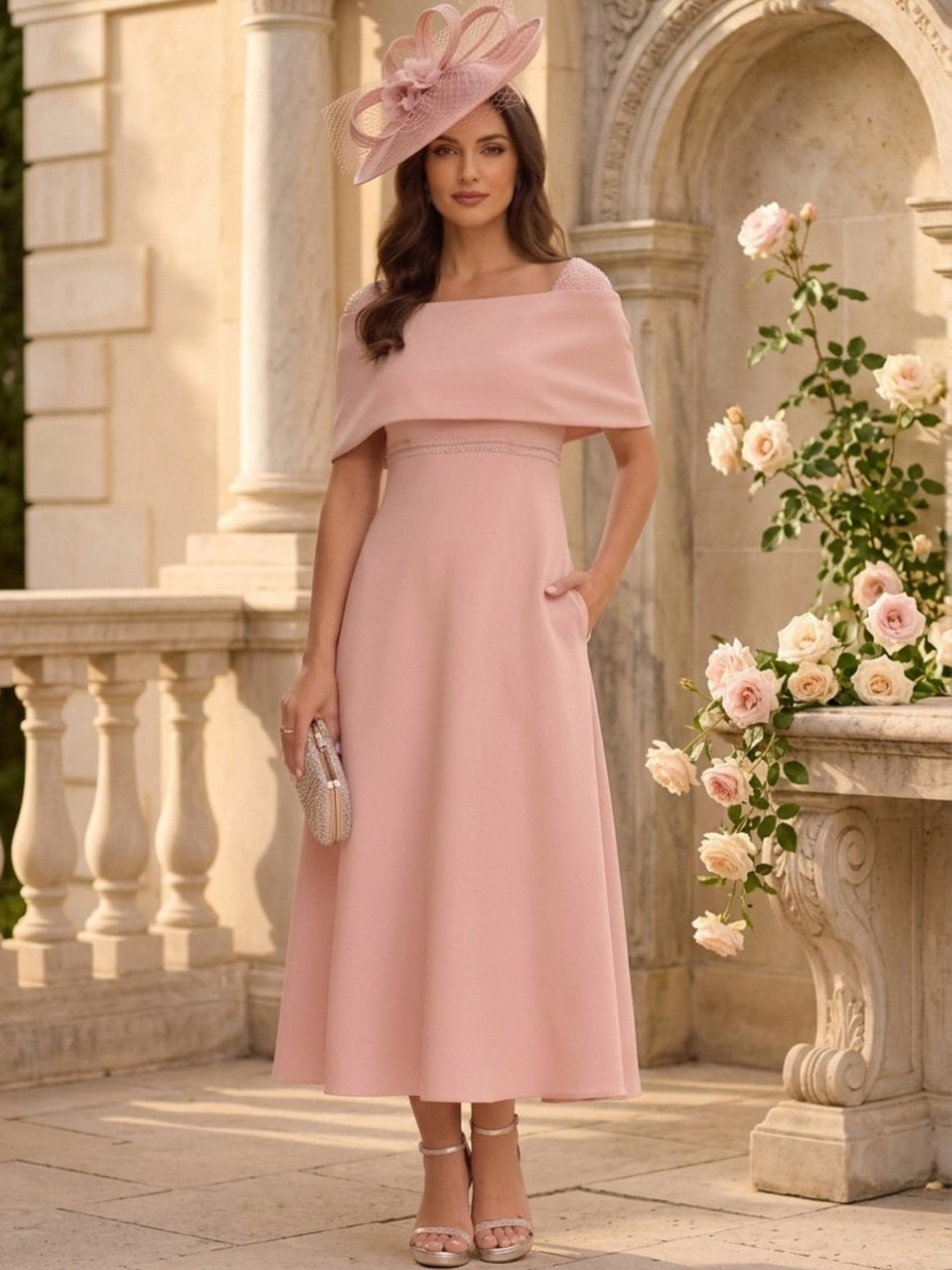 Robe ligne A/princesse, Hors de l'Épaule, Satin extensible, pour mère de la mariée, longueur de la cheville,Sans manches,Paillettes
