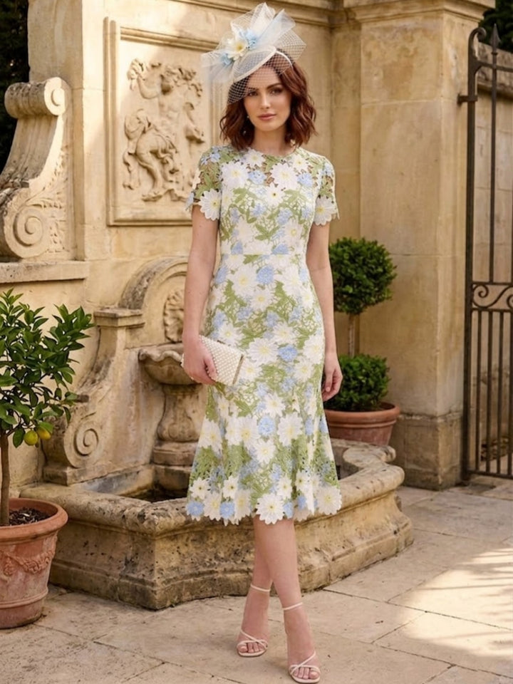 Robe Mère de la Mariée, Forme A/Princesse, Col Rond, Dentelle, Manches Courtes, Florale, Longueur du Thé