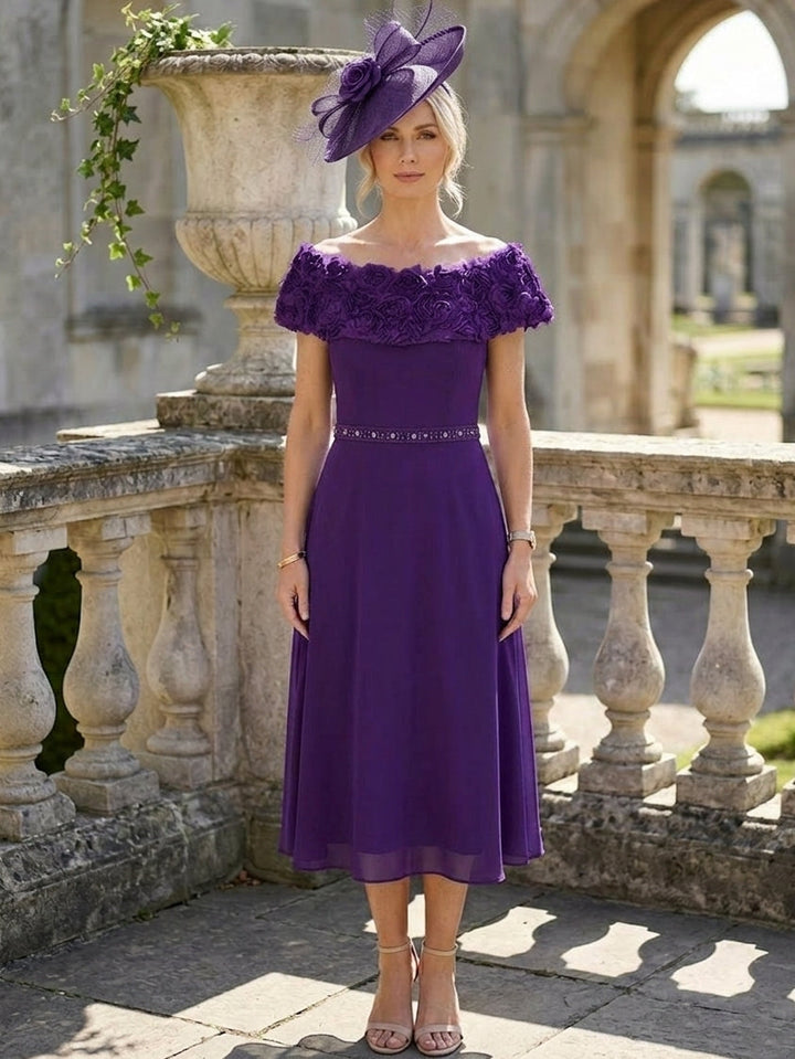 Robe Mère de la Mariée, Ligne A/Princesse, Hors de l'Épaule, Mousseline, Sans Manches, Longueur du Thé, avec Fleurs 3D