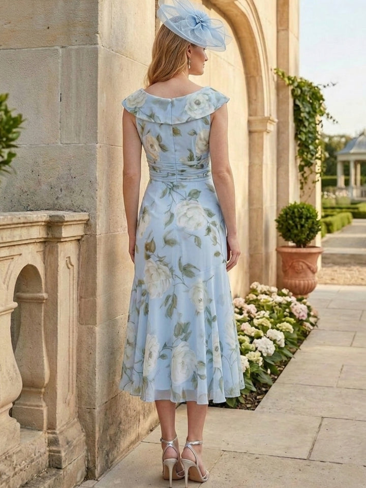 Robes pour mère de la mariée, Gaine/Colonne, Col en V, Mousseline, Florale, Manches Courtes, Longueur du Thé