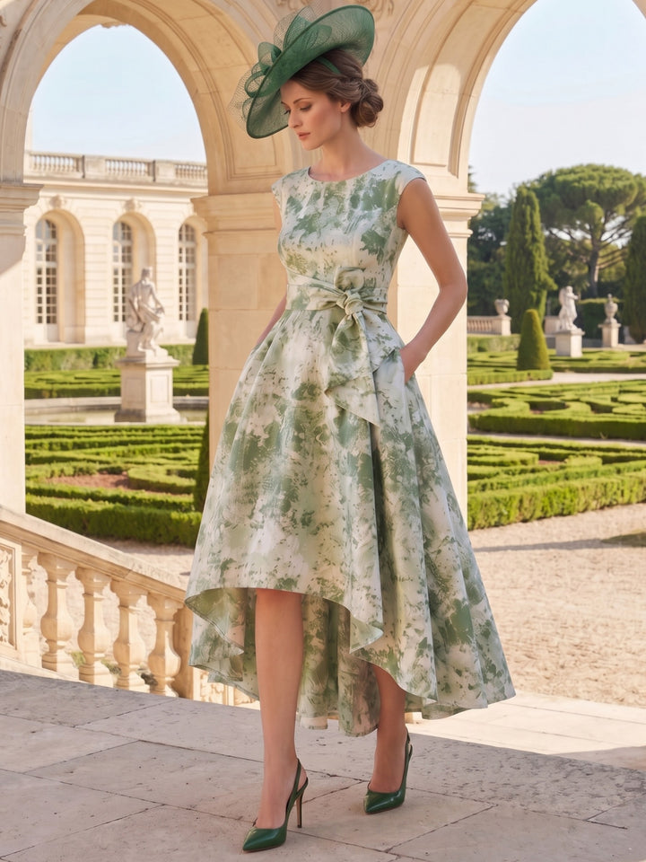 Robe mère de la mariée, Ligne A/Princesse, Col Rond, Jacquard, Sans Manches, Longueur Midi, Florale