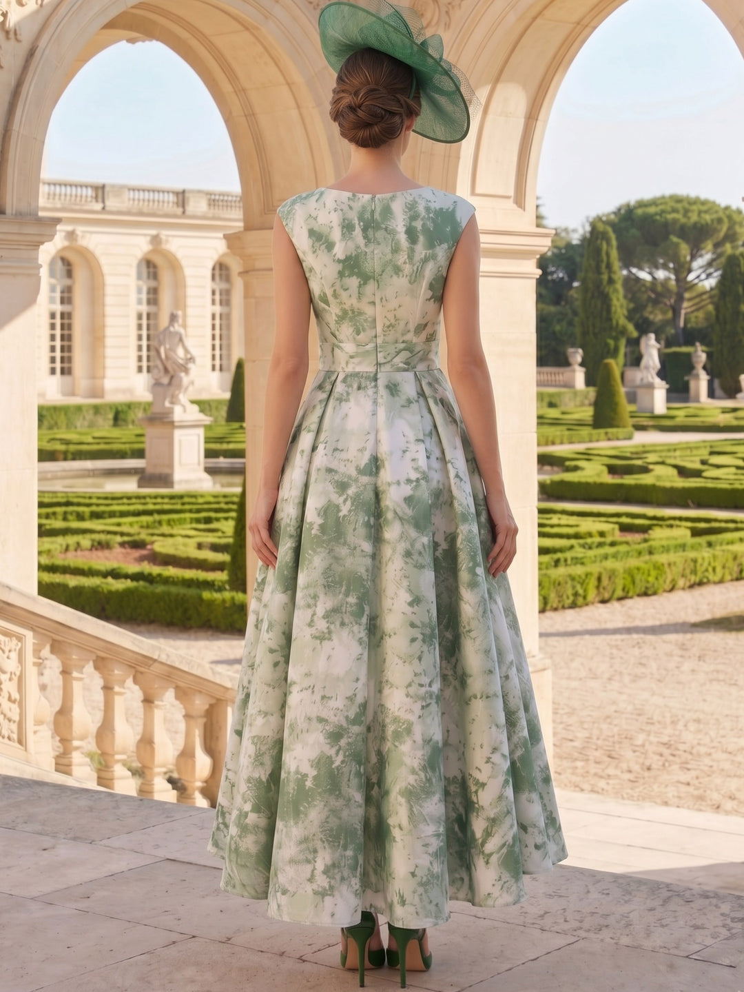 Robe mère de la mariée, Ligne A/Princesse, Col Rond, Jacquard, Sans Manches, Longueur Midi, Florale