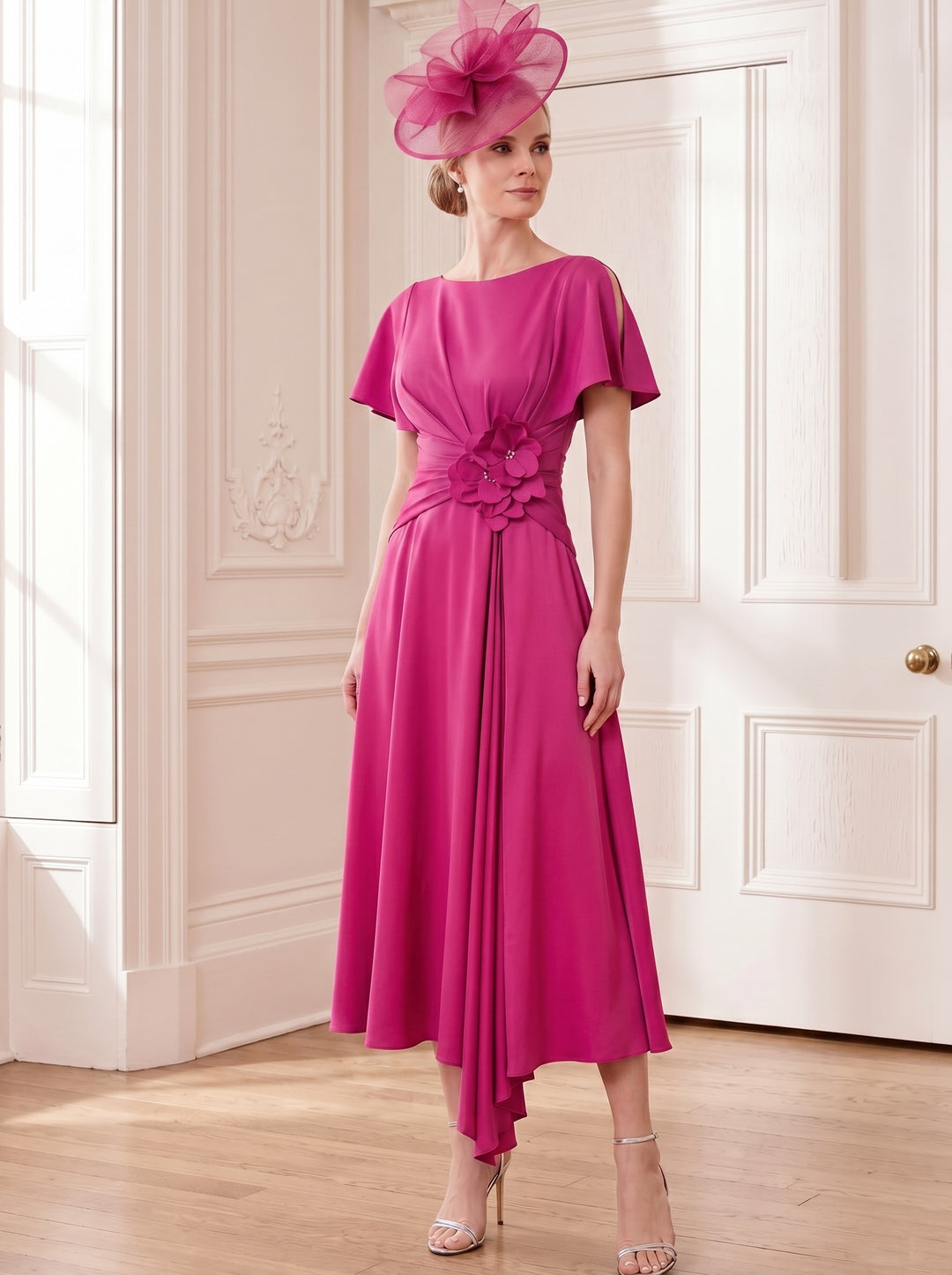 Robe Mère de la Mariée, Ligne A, Col Rond, Longueur Midi à Fleurs 3D, Manches Courtes, Satin Élastique