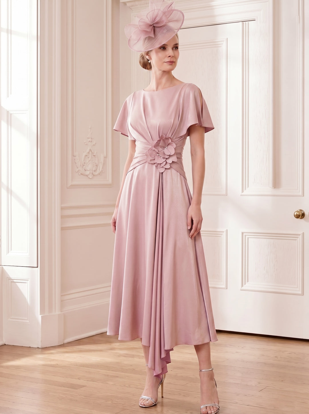 Robe Mère de la Mariée, Ligne A, Col Rond, Longueur Midi à Fleurs 3D, Manches Courtes, Satin Élastique