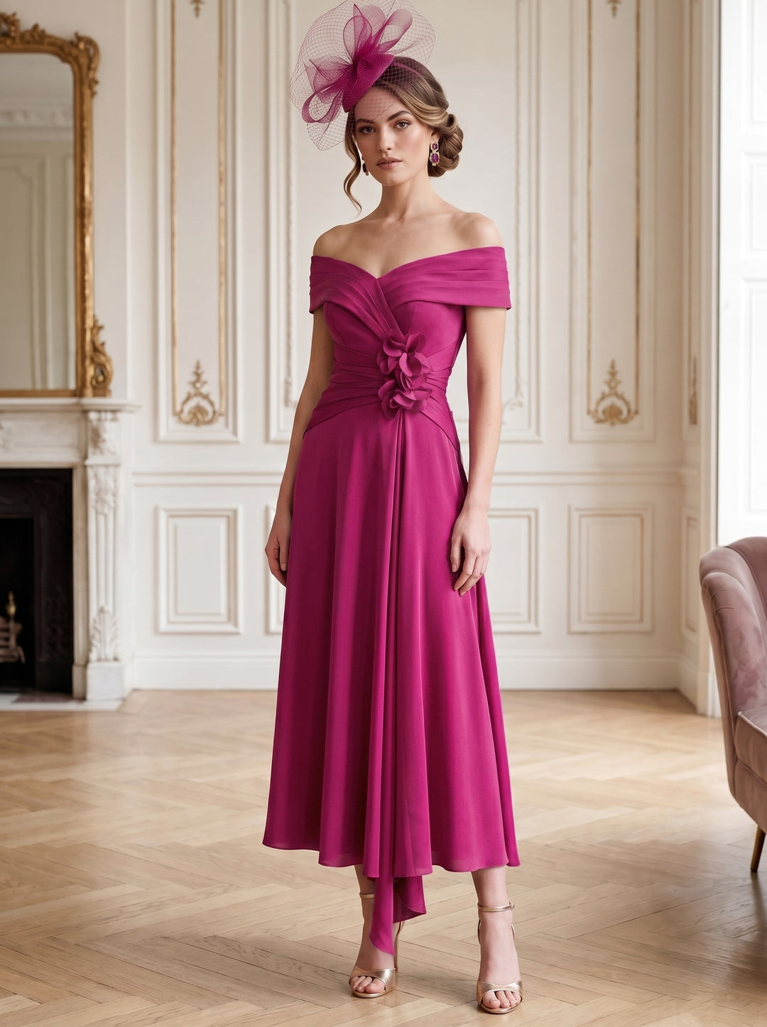 Robe Mère de la Mariée, Ligne A/Princesse, Hors de l'épaule, Longueur Midi à Fleurs 3D, Sans Manches, Satin Élastique