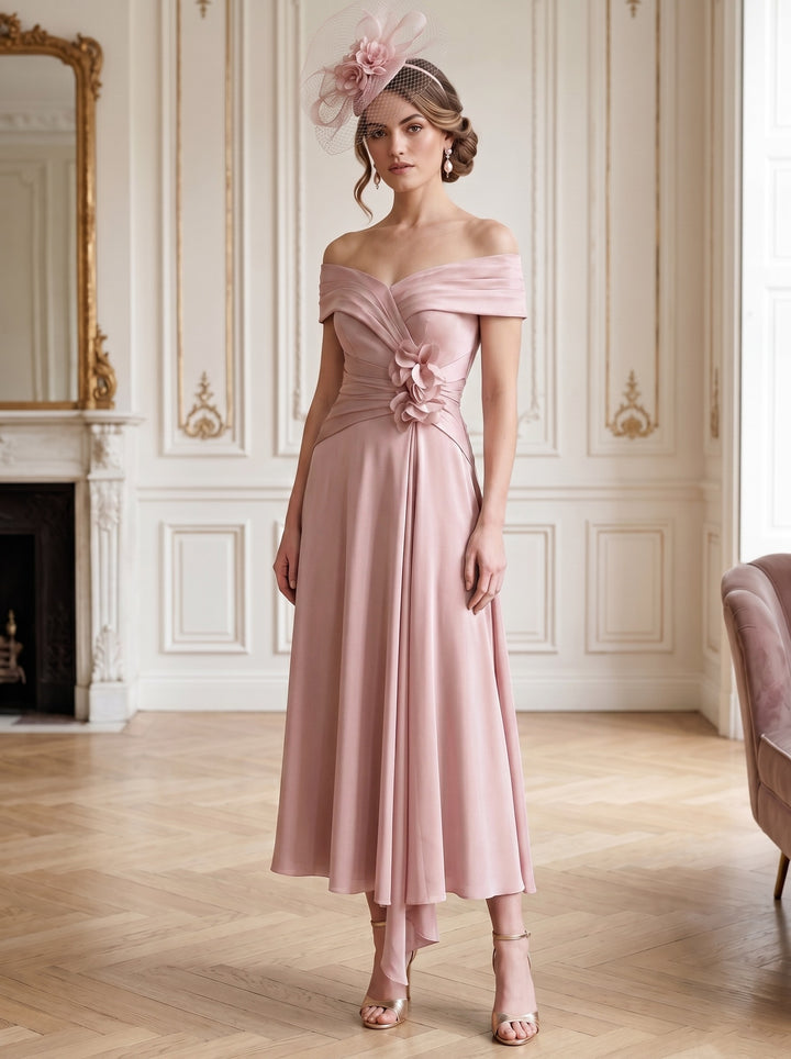 Robe Mère de la Mariée, Ligne A/Princesse, Hors de l'épaule, Longueur Midi à Fleurs 3D, Sans Manches, Satin Élastique