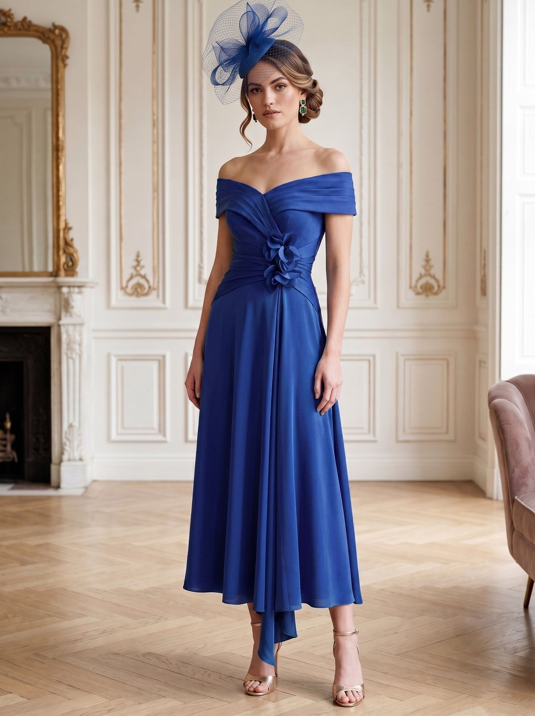 Robe Mère de la Mariée, Ligne A/Princesse, Hors de l'épaule, Longueur Midi à Fleurs 3D, Sans Manches, Satin Élastique