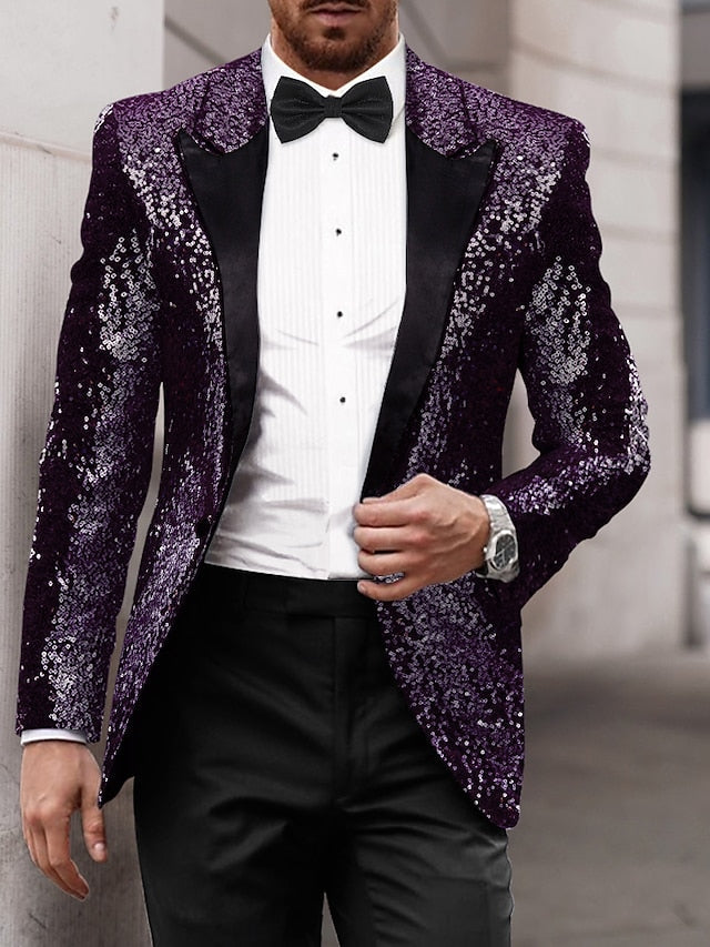 Veste de Soirée à Paillettes à Un Bouton et à Simple Boutonnage pour Homme, Coupe Ajustée, Couleur Or, Rouge, Bleu, Gris, Violet