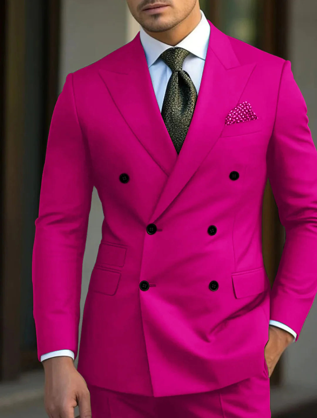 Costume de Mariage 2 Pièces Vert pour Homme, Coupe Ajustée, Croisé, Six Boutons, Couleur Unie