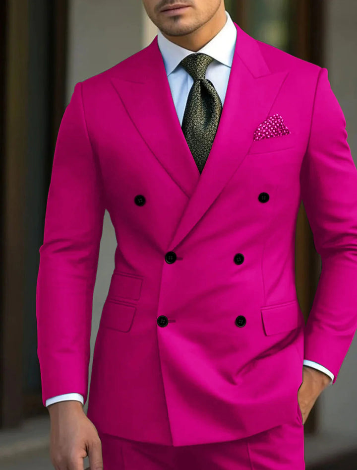 Costume de Mariage 2 Pièces Vert pour Homme, Coupe Ajustée, Croisé, Six Boutons, Couleur Unie