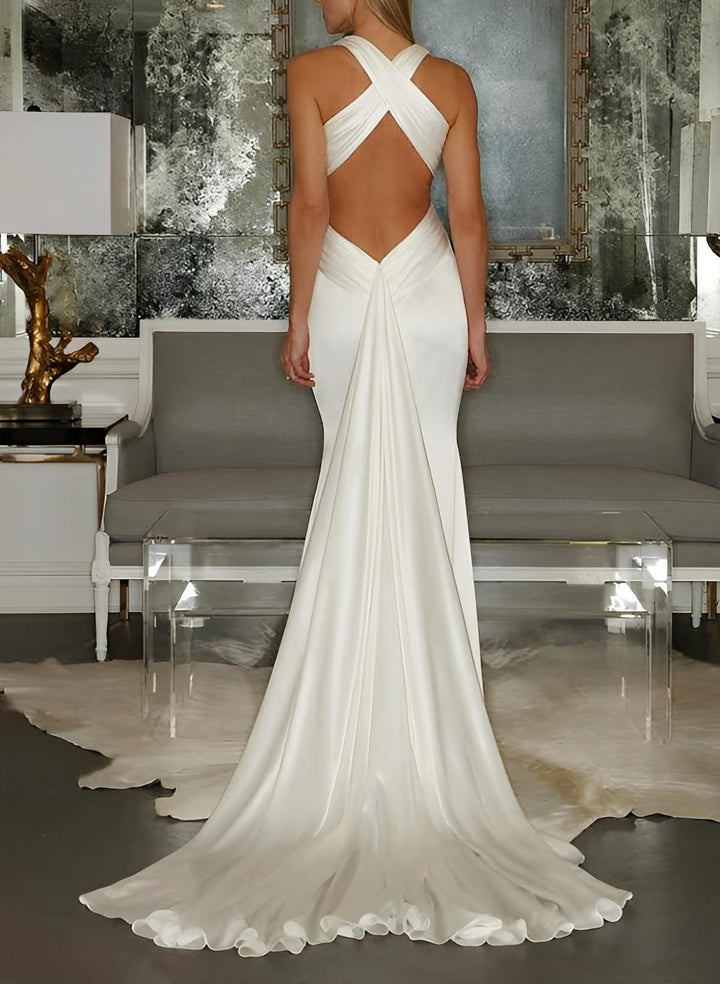 Robe de Mariée Longue Au Sol à Col en V et à Coupe Sirène