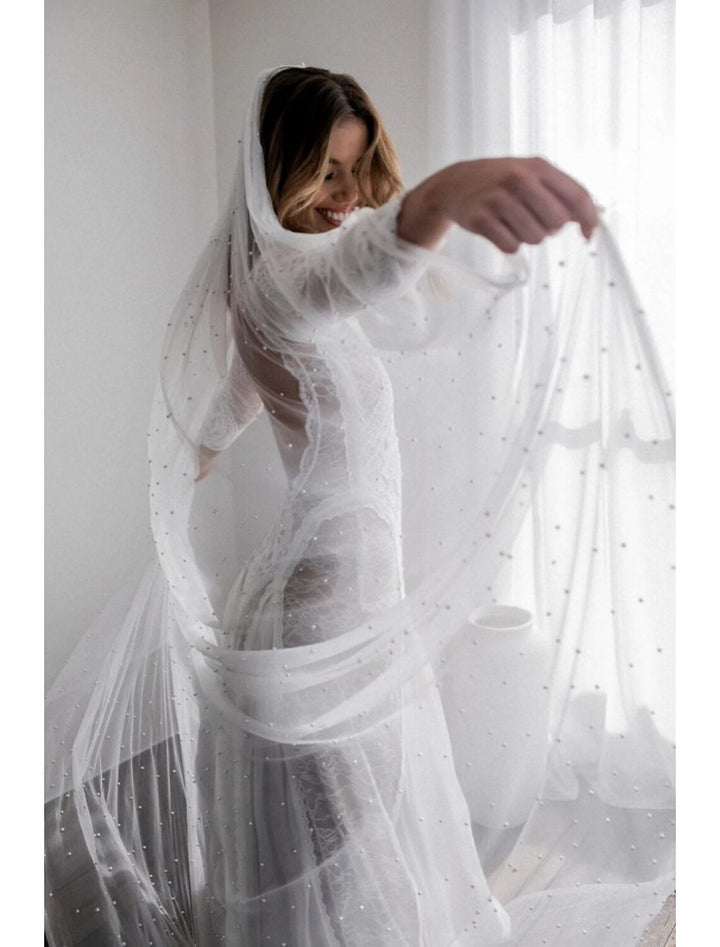 Voile de Mariée Cathédrale à Un Niveau de Style Vintage / Perles avec Fausse Perle 110,24 Po (280 Cm) Tulle