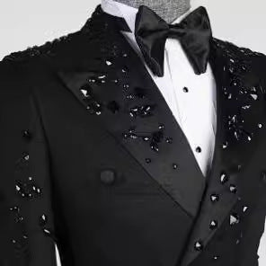 Blazer Croisé 2 Pièces pour Homme, Coupe Ajustée, Perles Noires, Paillettes, Costumes Élégants pour Halloween