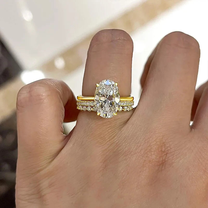 Ensemble De Bagues De Mariage Pour Femmes En Or Jaune À Taille Ovale En Argent Sterling