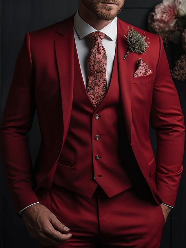 Costumes de Mariage 3 Pièces pour Hommes, Coupe Ajustée, Simple Boutonnage, Trois Boutons