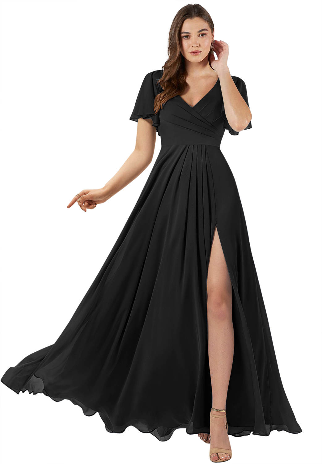 Robe de Demoiselle D'Honneur Coupe A-Line/Princesse, Col en V, Manches Courtes, Longueur Au Sol