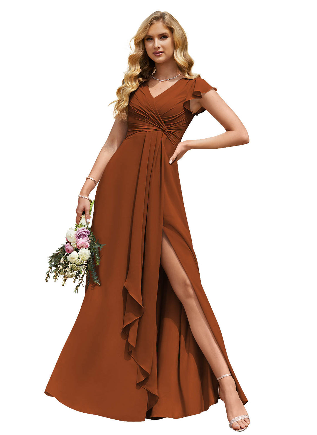 Robe de Mariée Longue à Col en V et Fente Sur le Côté, Coupe A-Line/Princess