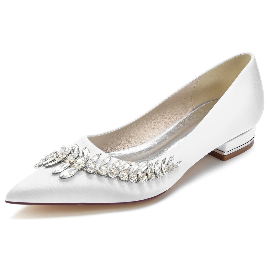 Chaussures de Mariage pour Femmes, Chaussures de Mariée Blanches à Talons Bas et Bout Pointu avec Strass Imitation