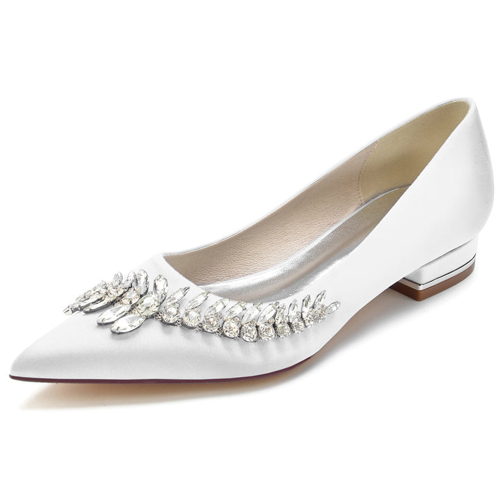 Chaussures de Mariage pour Femmes, Chaussures de Mariée Blanches à Talons Bas et Bout Pointu avec Strass Imitation