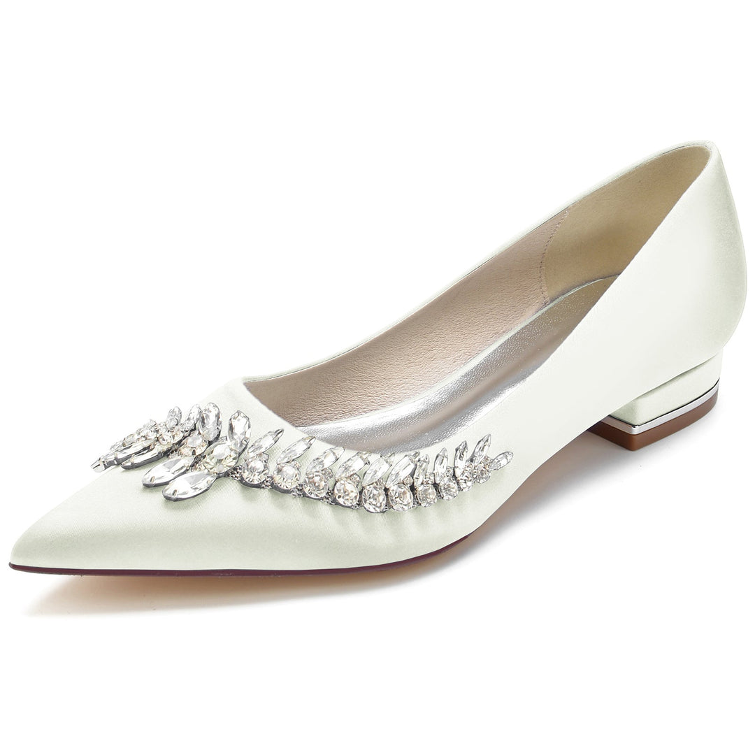 Chaussures de Mariage pour Femmes, Chaussures de Mariée Blanches à Talons Bas et Bout Pointu avec Strass Imitation