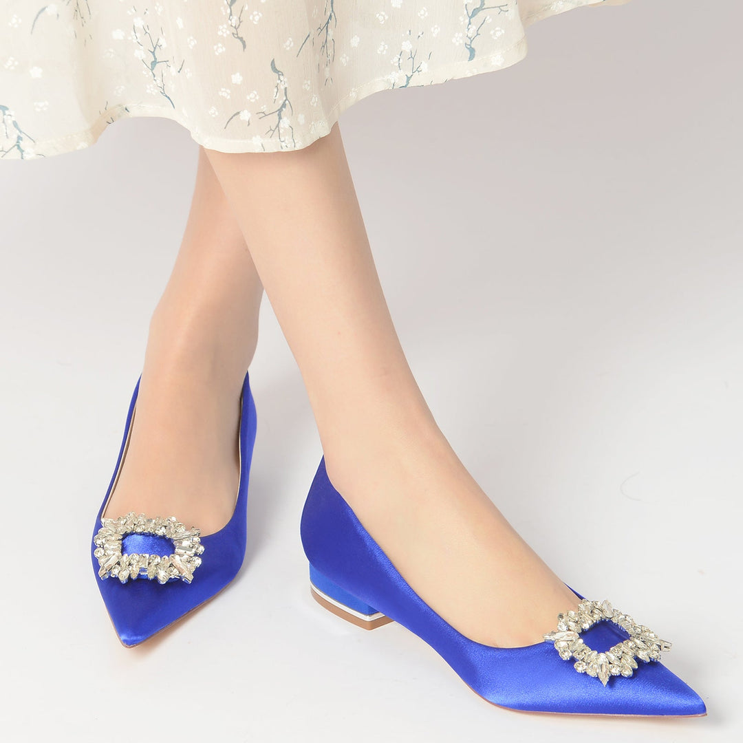 Chaussures de Mariage pour Femmes en Satin de Soie, Chaussures de Mariée Carrées à Bout Pointu et à Strass