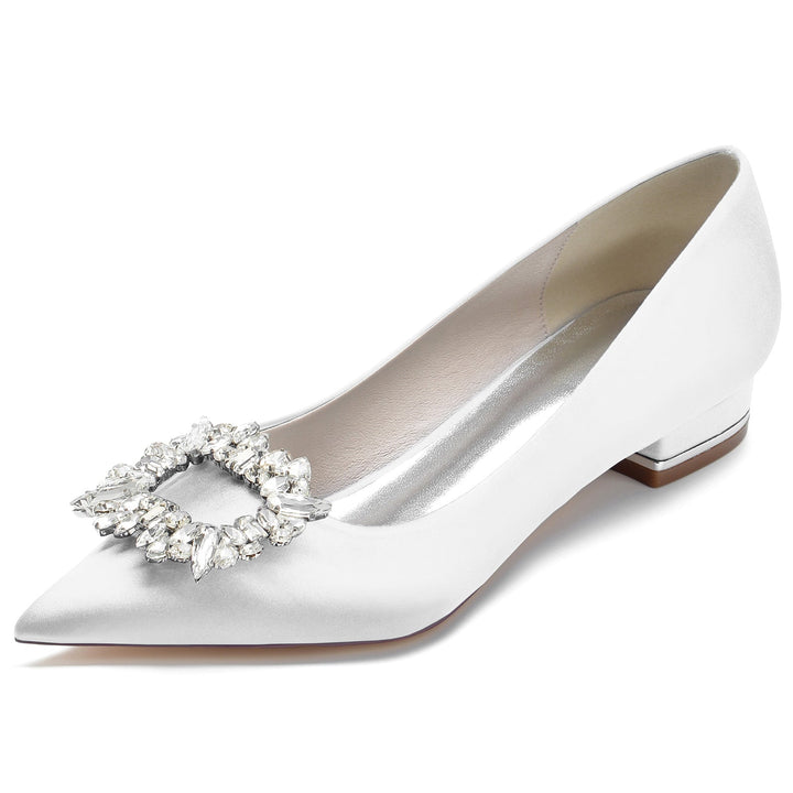 Chaussures de Mariage pour Femmes en Satin de Soie, Chaussures de Mariée Carrées à Bout Pointu et à Strass