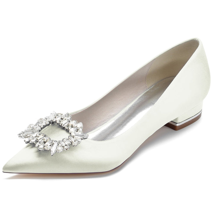 Chaussures de Mariage pour Femmes en Satin de Soie, Chaussures de Mariée Carrées à Bout Pointu et à Strass
