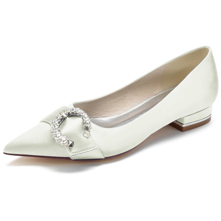 Chaussures de Mariage pour Femmes en Satin de Soie et Cristal, Chaussures de Mariée à Talon Bas et Bout Pointu