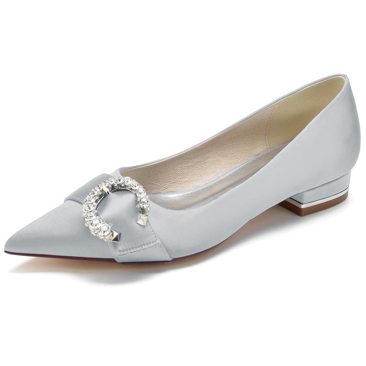 Chaussures de Mariage pour Femmes en Satin de Soie et Cristal, Chaussures de Mariée à Talon Bas et Bout Pointu