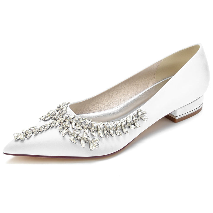 Chaussures de Mariage pour Femmes en Satin de Soie Strass Talon Bas Bout Fermé Chaussures de Mariée