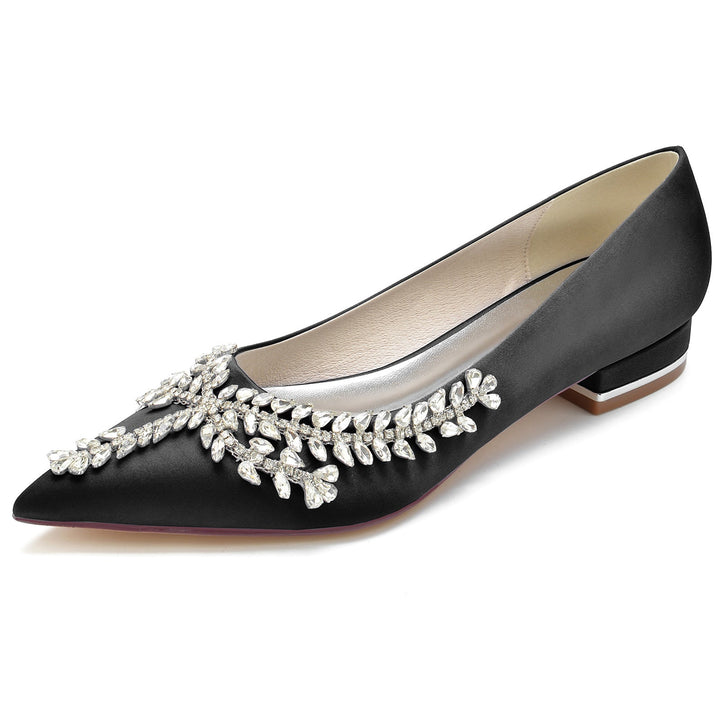 Chaussures de Mariage pour Femmes en Satin de Soie Strass Talon Bas Bout Fermé Chaussures de Mariée