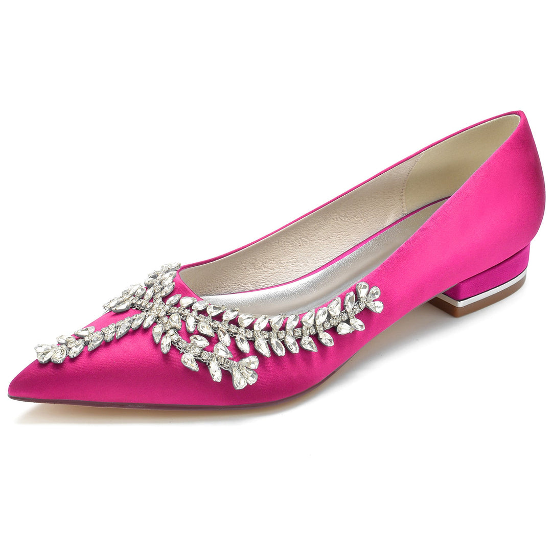 Chaussures de Mariage pour Femmes en Satin de Soie Strass Talon Bas Bout Fermé Chaussures de Mariée