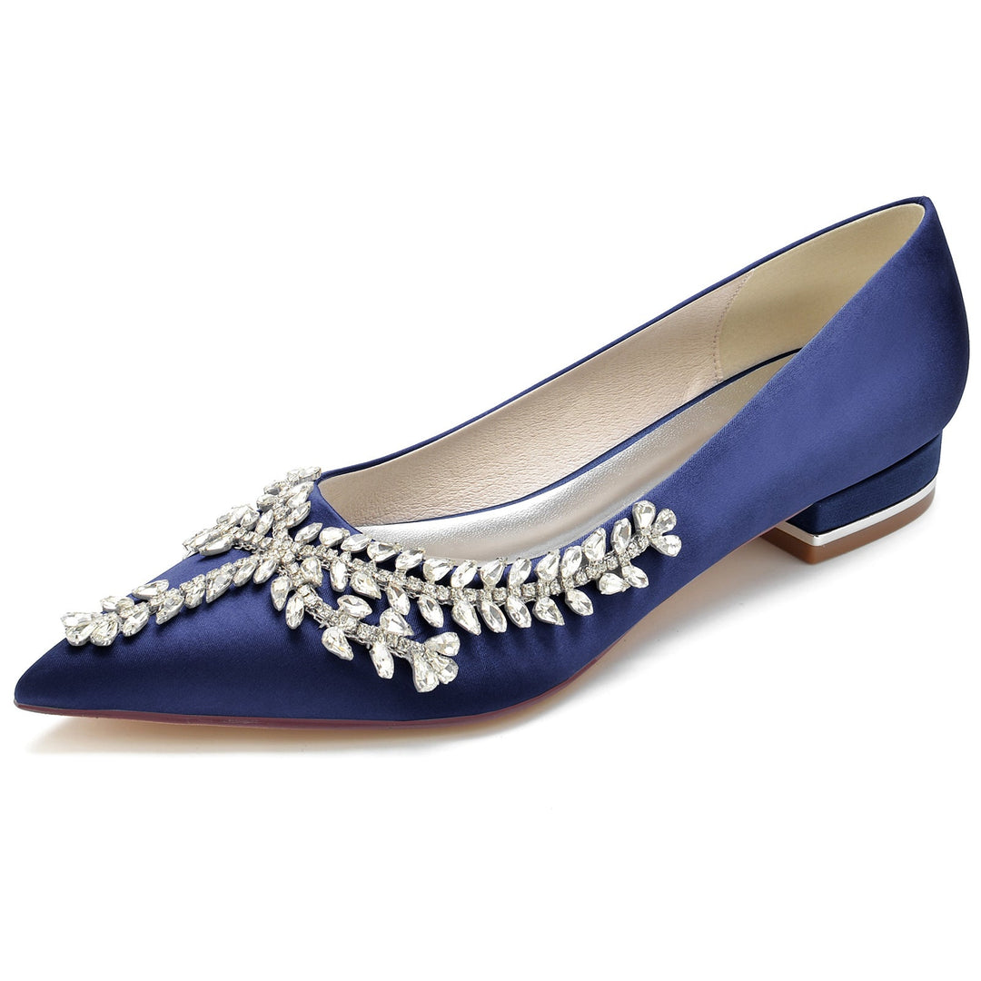 Chaussures de Mariage pour Femmes en Satin de Soie Strass Talon Bas Bout Fermé Chaussures de Mariée