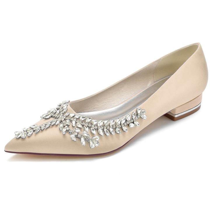 Chaussures de Mariage pour Femmes en Satin de Soie Strass Talon Bas Bout Fermé Chaussures de Mariée
