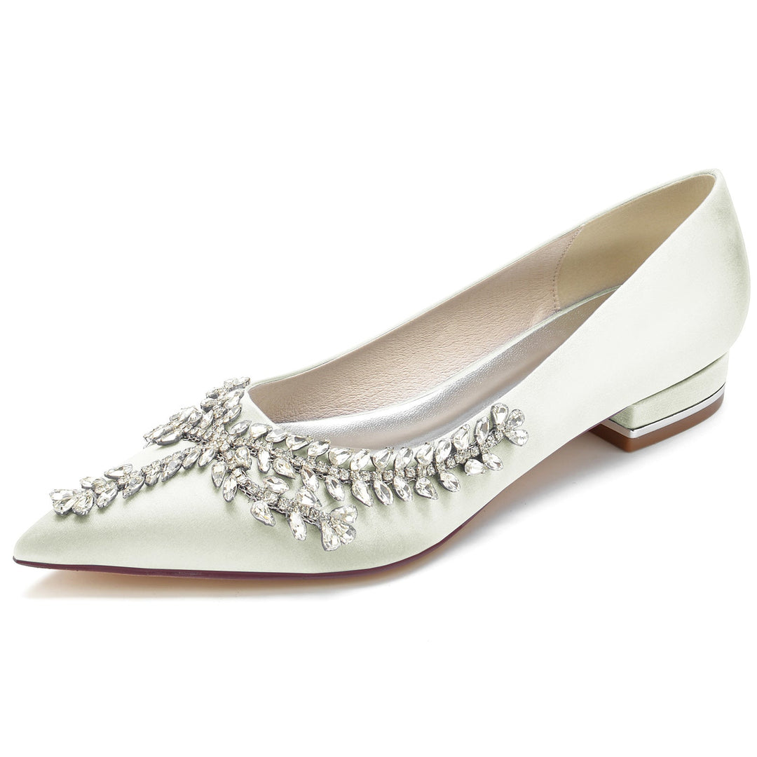 Chaussures de Mariage pour Femmes en Satin de Soie Strass Talon Bas Bout Fermé Chaussures de Mariée