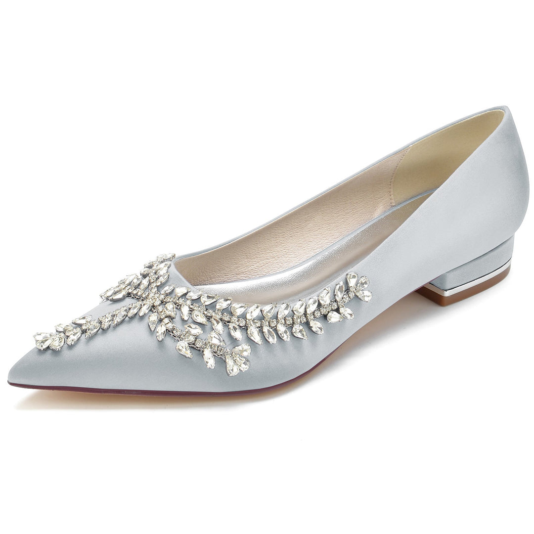 Chaussures de Mariage pour Femmes en Satin de Soie Strass Talon Bas Bout Fermé Chaussures de Mariée