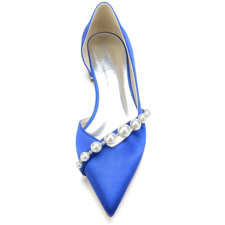 Chaussures de Mariage pour Femmes en Perles Blanches, Talons Bas, Bout Pointu, Chaussures de Mariée Minimalistes