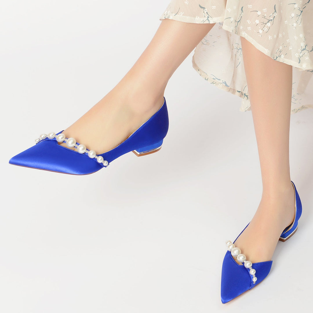 Chaussures de Mariage pour Femmes en Perles Blanches, Talons Bas, Bout Pointu, Chaussures de Mariée Minimalistes