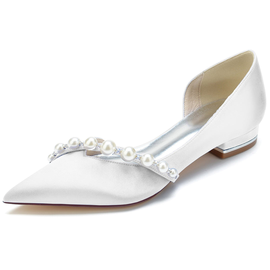 Chaussures de Mariage pour Femmes en Perles Blanches, Talons Bas, Bout Pointu, Chaussures de Mariée Minimalistes