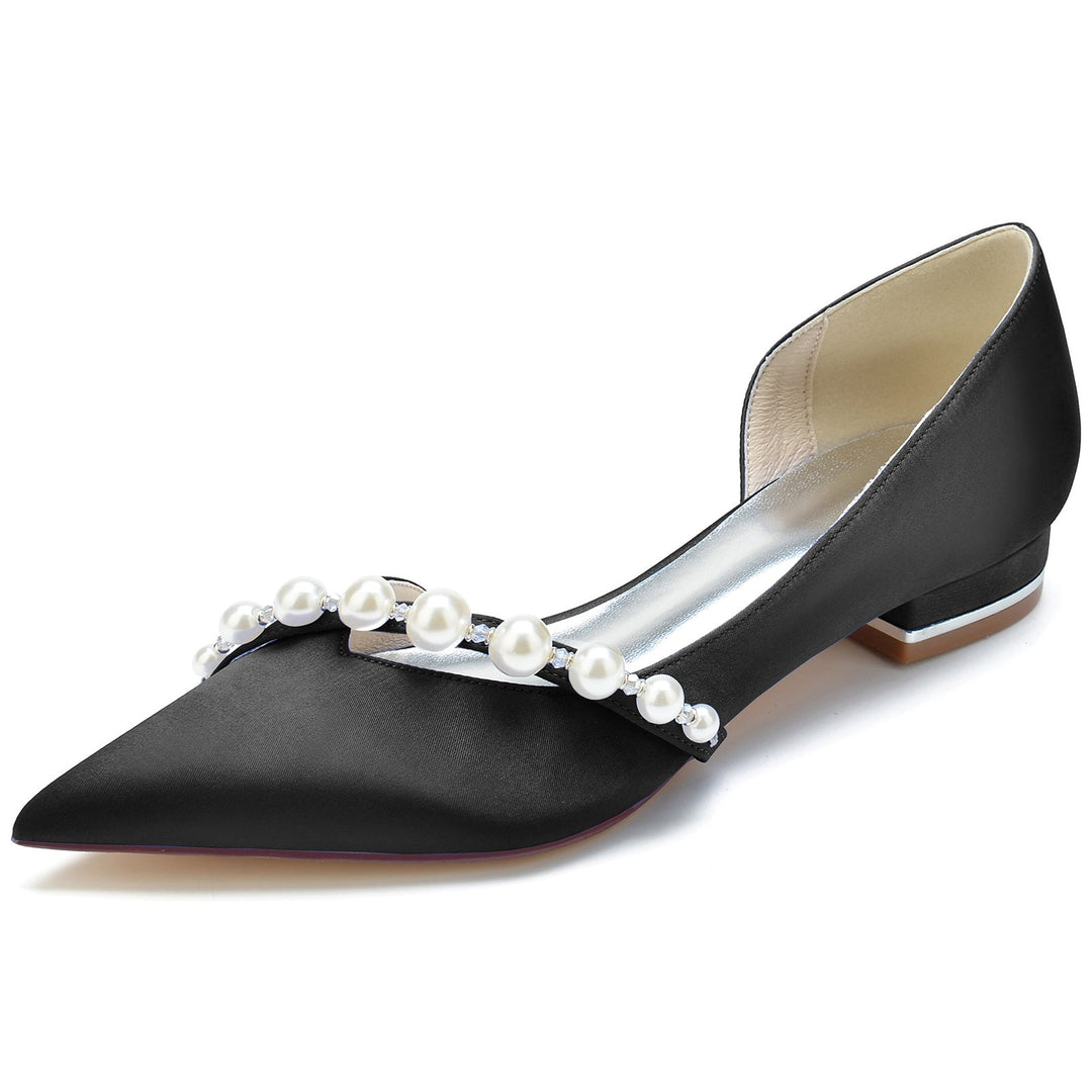 Chaussures de Mariage pour Femmes en Perles Blanches, Talons Bas, Bout Pointu, Chaussures de Mariée Minimalistes