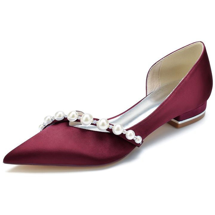 Chaussures de Mariage pour Femmes en Perles Blanches, Talons Bas, Bout Pointu, Chaussures de Mariée Minimalistes