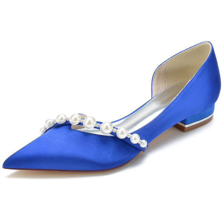 Chaussures de Mariage pour Femmes en Perles Blanches, Talons Bas, Bout Pointu, Chaussures de Mariée Minimalistes